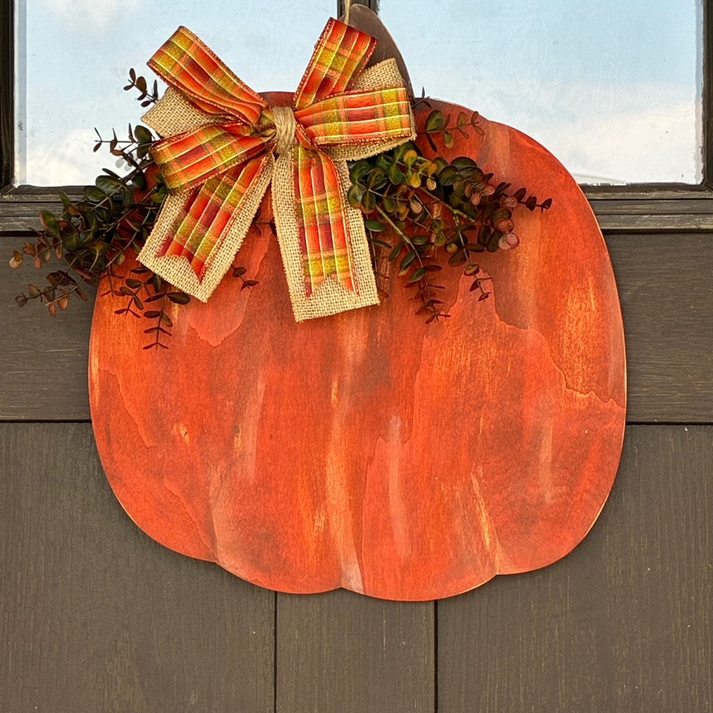 Handmade Wooden Pumpkin Door Hanger with Plaid Bow - Orange